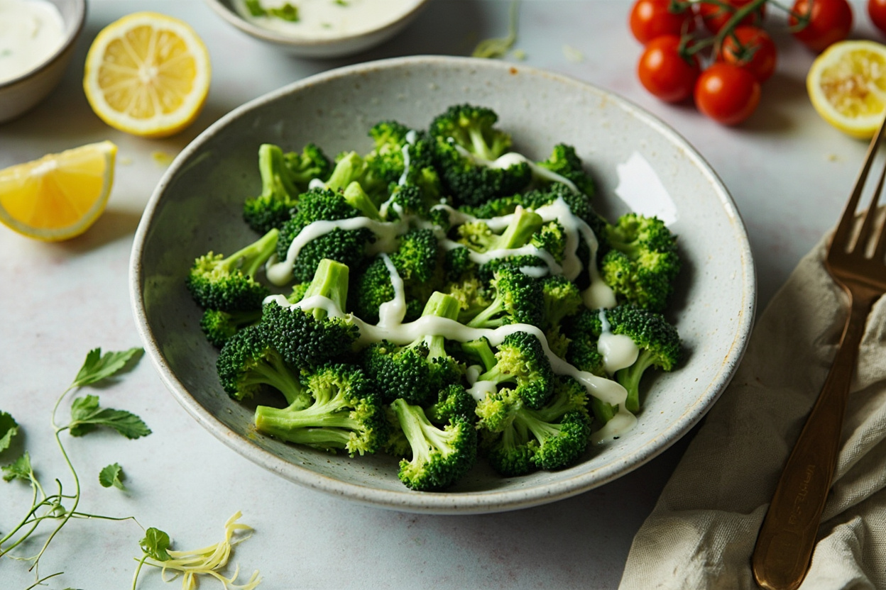 Quick-Steam Broccoli with Lemon Yogurt Sauce