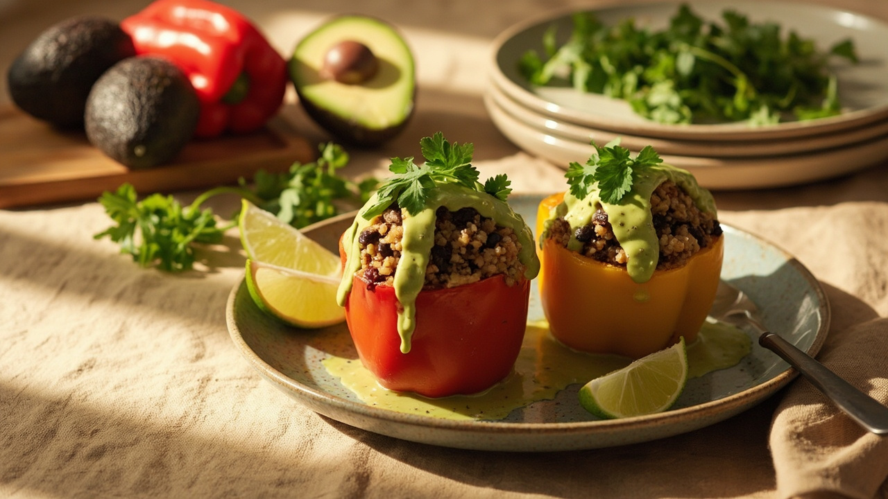 Quinoa and Black Bean Stuffed Bell Peppers with Avocado Cream
