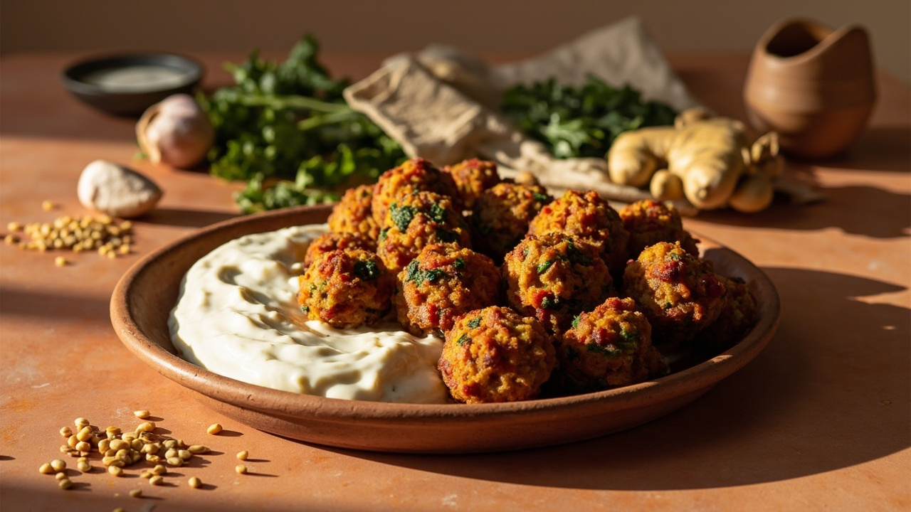 Red Lentil and Kale Pakora with Spiced Yogurt Dip