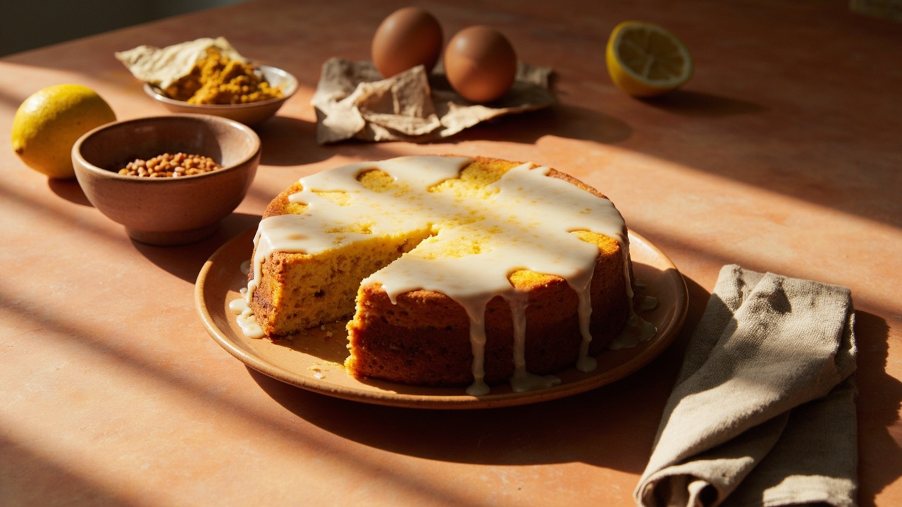 Red Lentil Turmeric Cake with Lemon Glaze