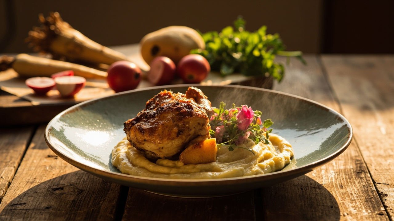 Rested Chicken Thighs with Smoky Parsnip Puree and Radish Salad