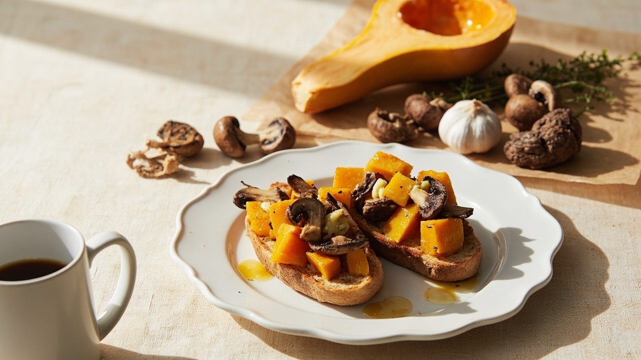 Roasted Butternut Squash and Mushroom Toasts with Mustard Butter