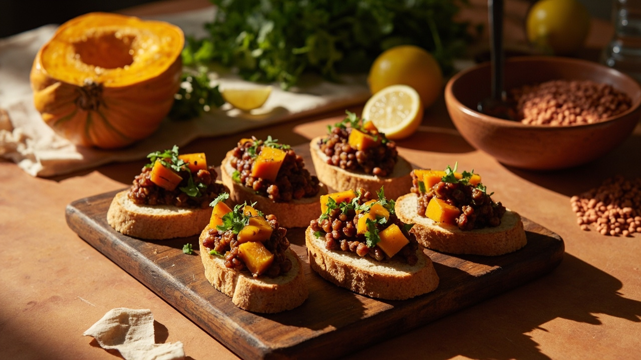 Roasted Butternut Squash and Red Lentil Crostini