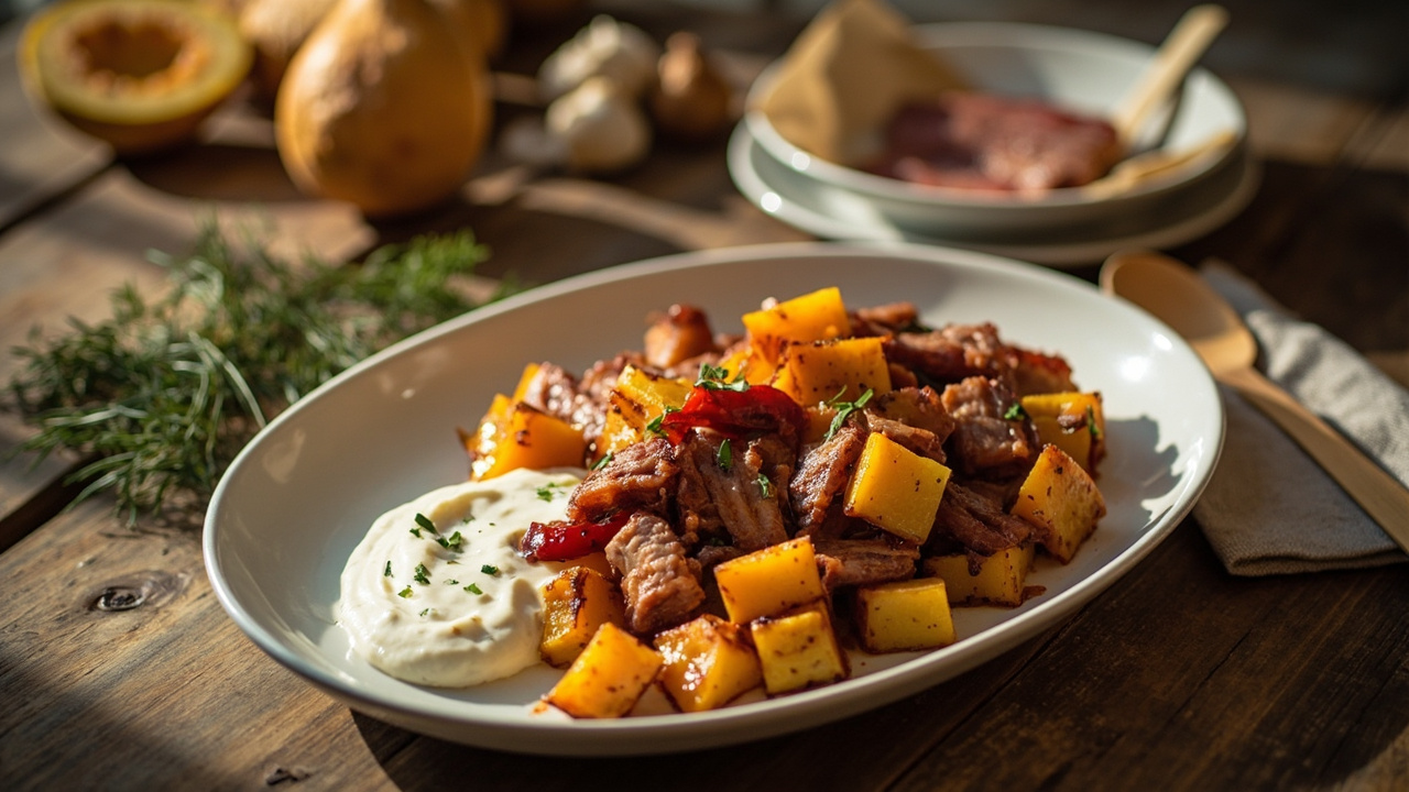 Roasted Butternut Squash Bites with Paprika Pork Belly