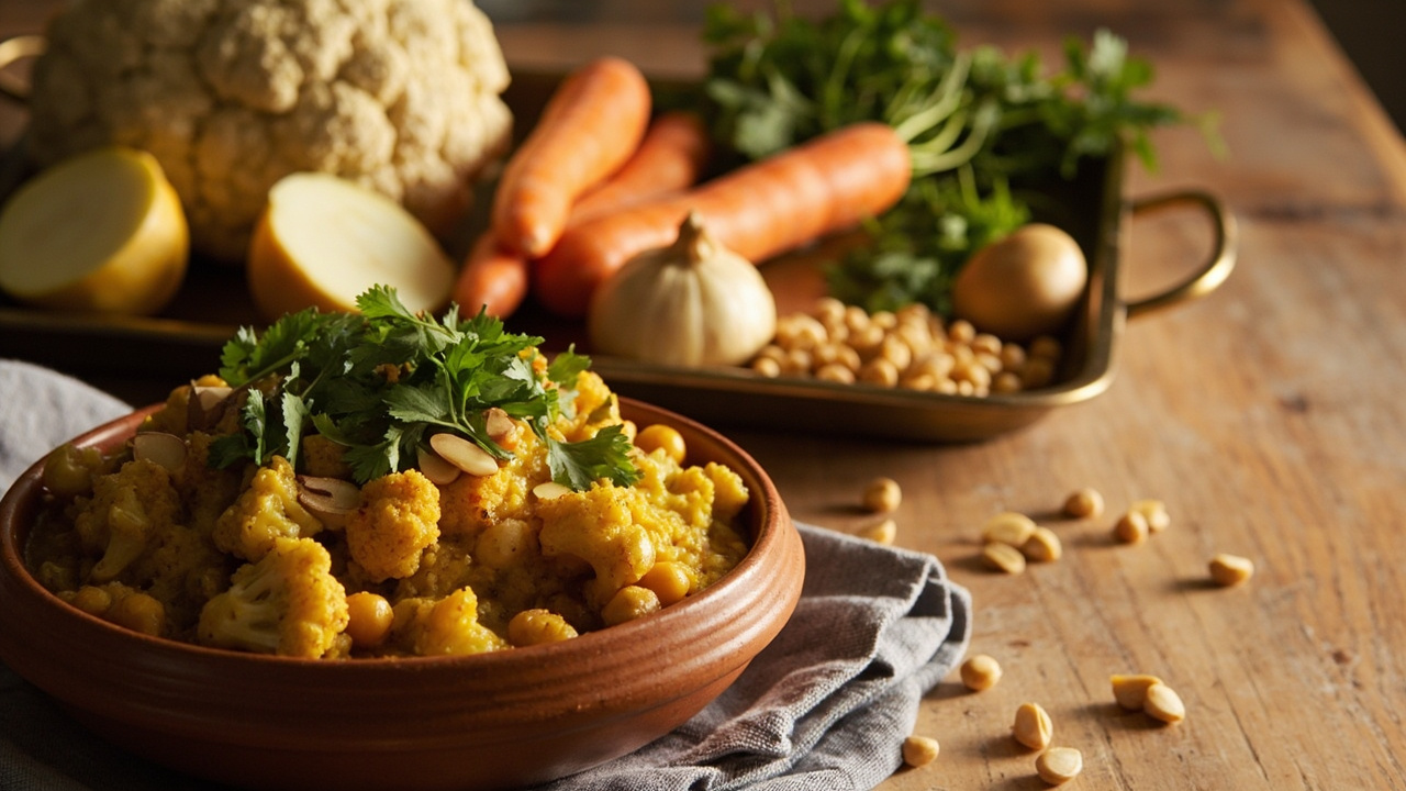 Roasted Cauliflower and Chickpea Tagine with Turmeric and Almonds