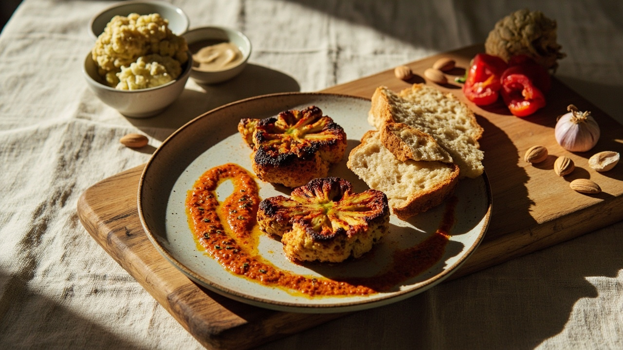 Roasted Cauliflower Steaks with Romesco and Tahini
