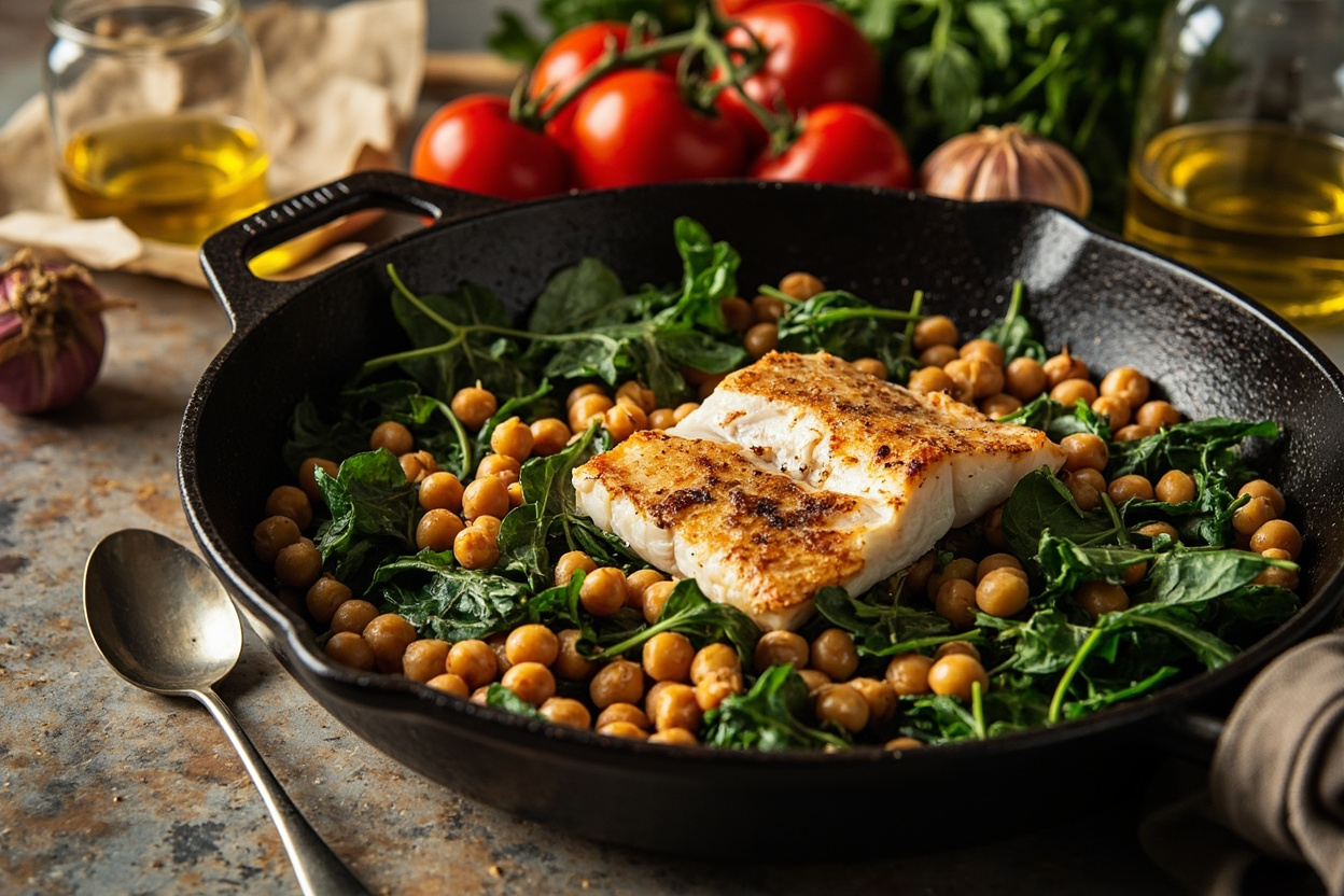 Roasted Cod over Chickpeas and Spinach