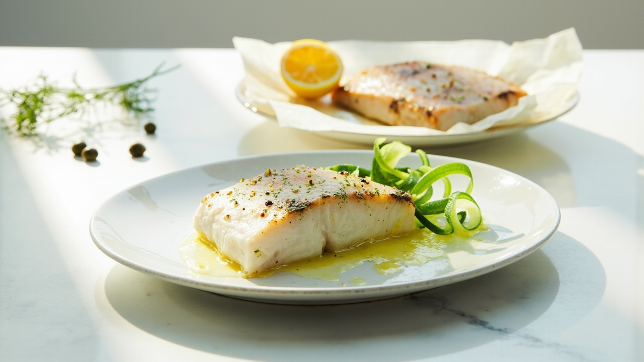 Roasted Cod with Caper-Dill Butter and Cucumber Ribbons