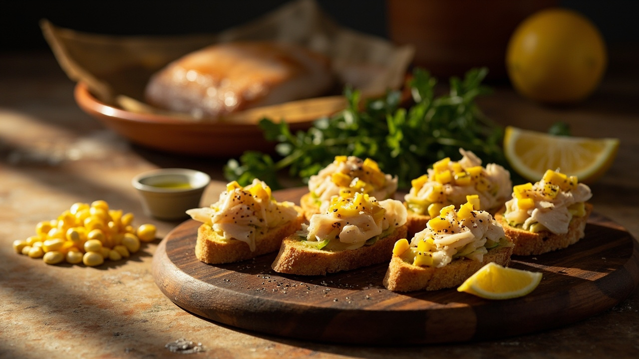 Roasted Corn and Cod Crostini with Lemon-Parsley Oil