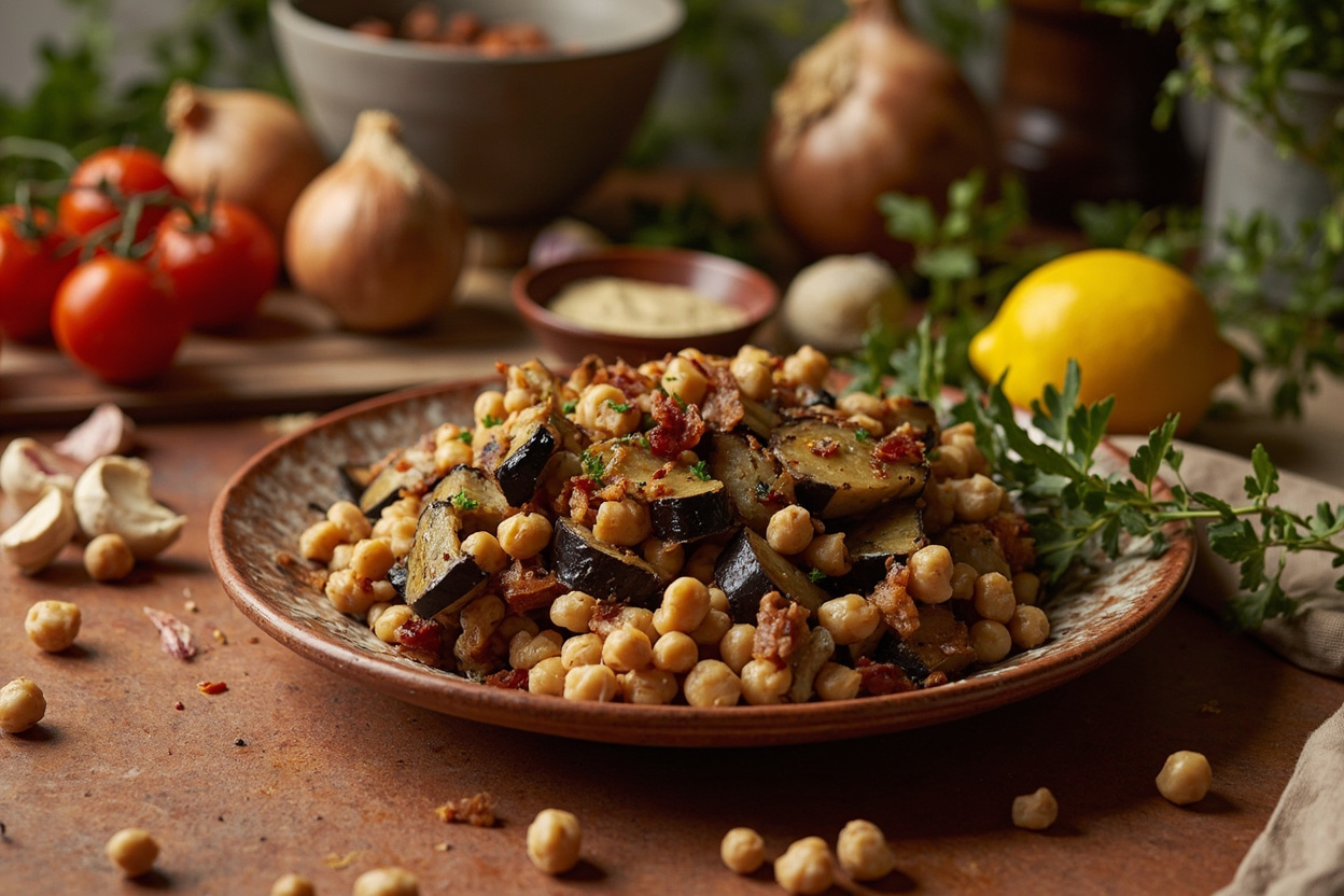 Roasted Eggplant and Chickpeas with Tahini