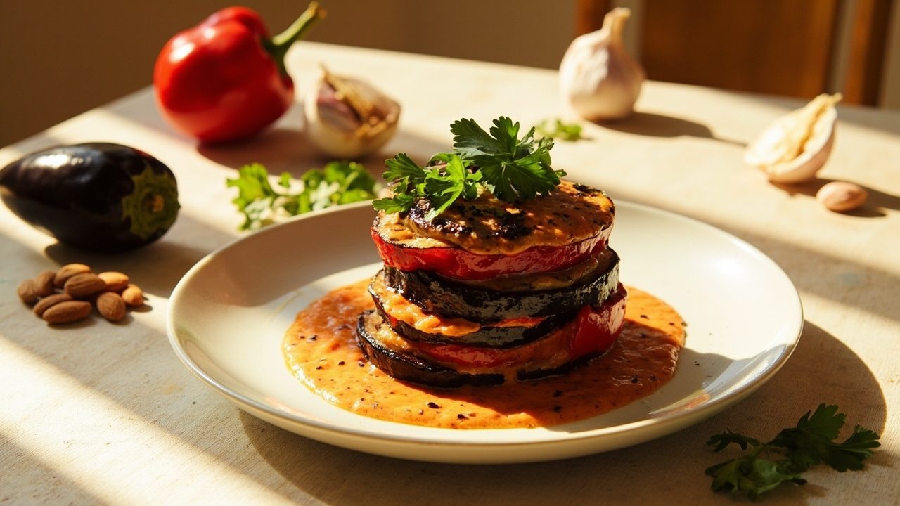 Roasted Pepper and Eggplant Stack with Almond Romesco