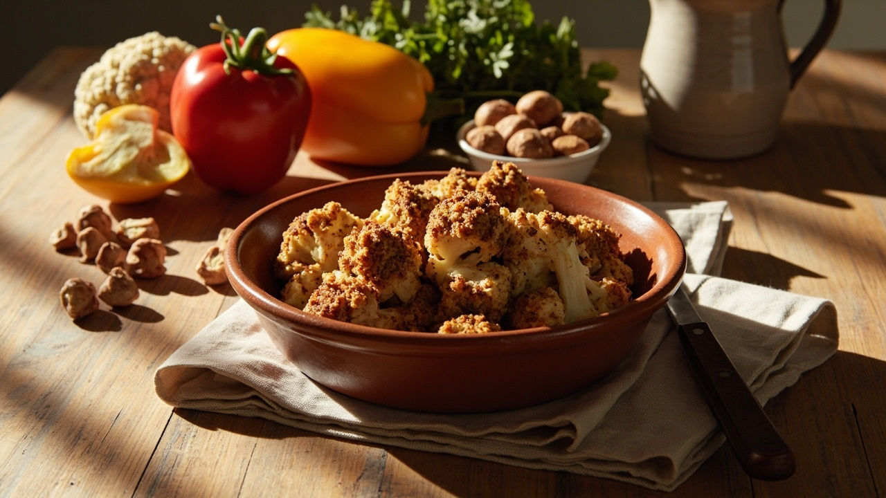 Romesco Roasted Cauliflower with Hazelnut Crumble