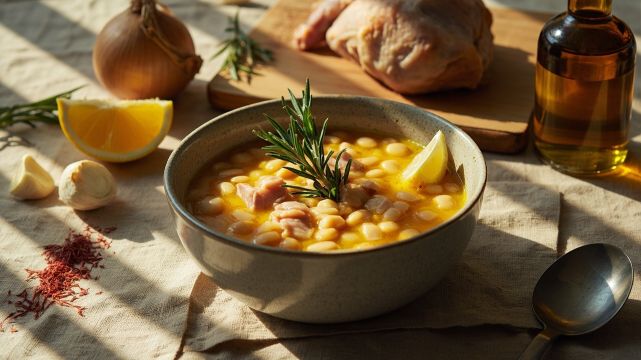 Rosemary and Saffron White Bean Soup with Chicken Thighs
