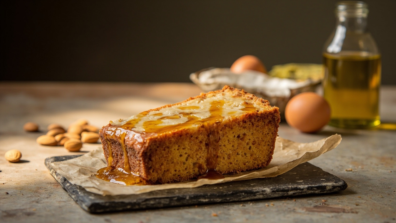 Rustic Olive Oil and Honey Almond Cake with Paprika Glaze