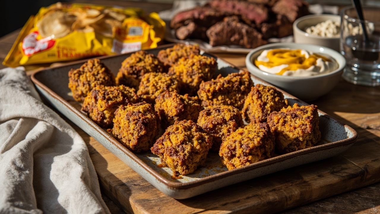 Rye Chip Crusted Beef Bites with Mustard and Sriracha Sour Cream