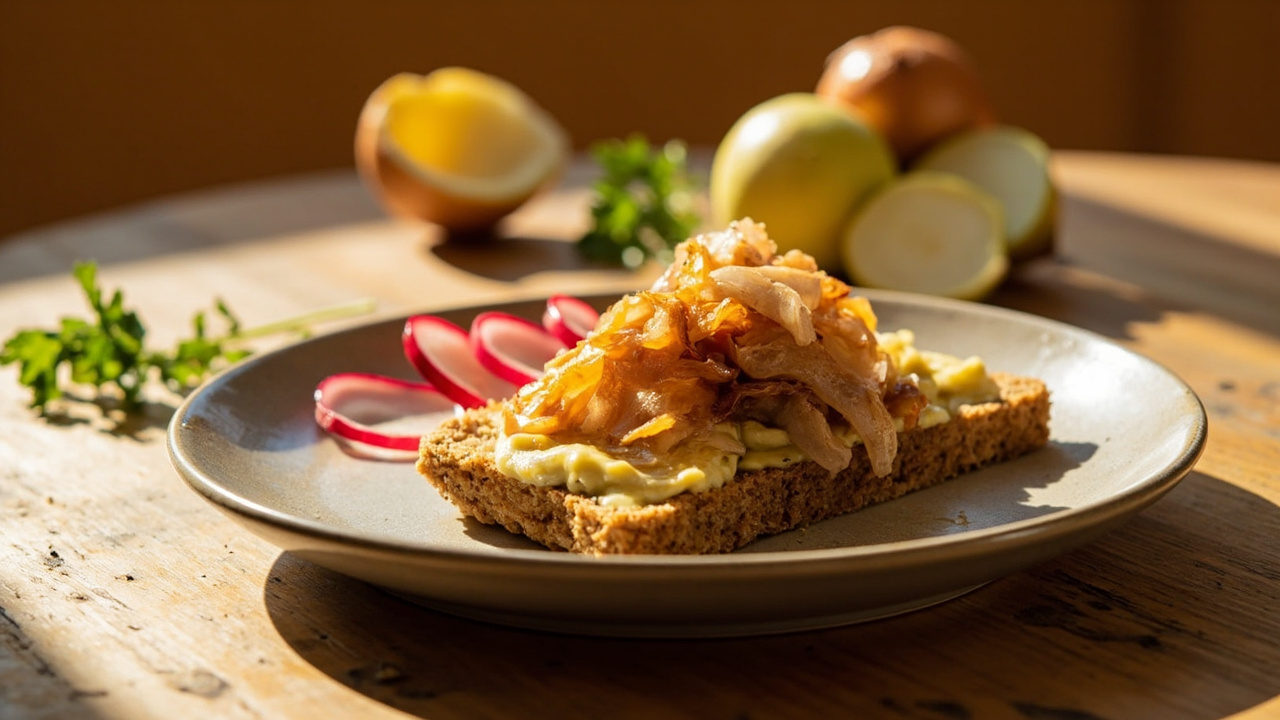 Rye Crisp with Mustard Butter, Caramelized Onion, and Pickled Radish