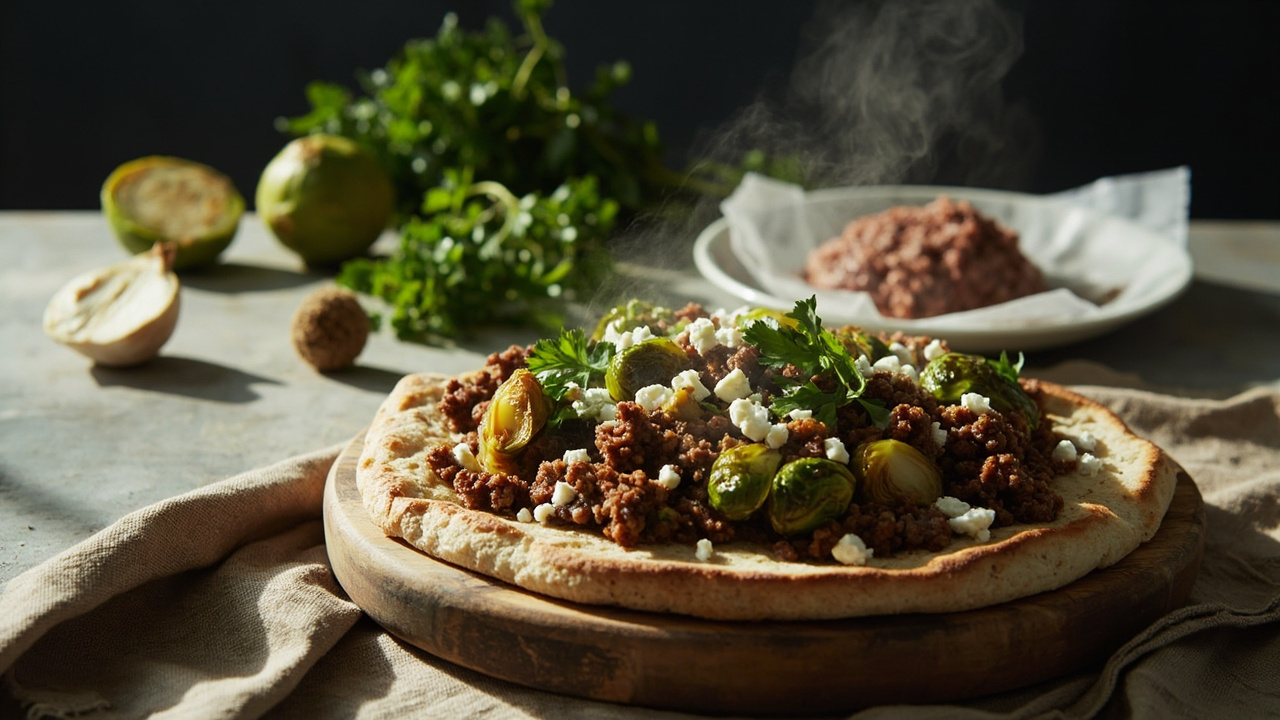 Rye Flatbread with Roasted Brussels Sprouts, Ground Beef, and Feta