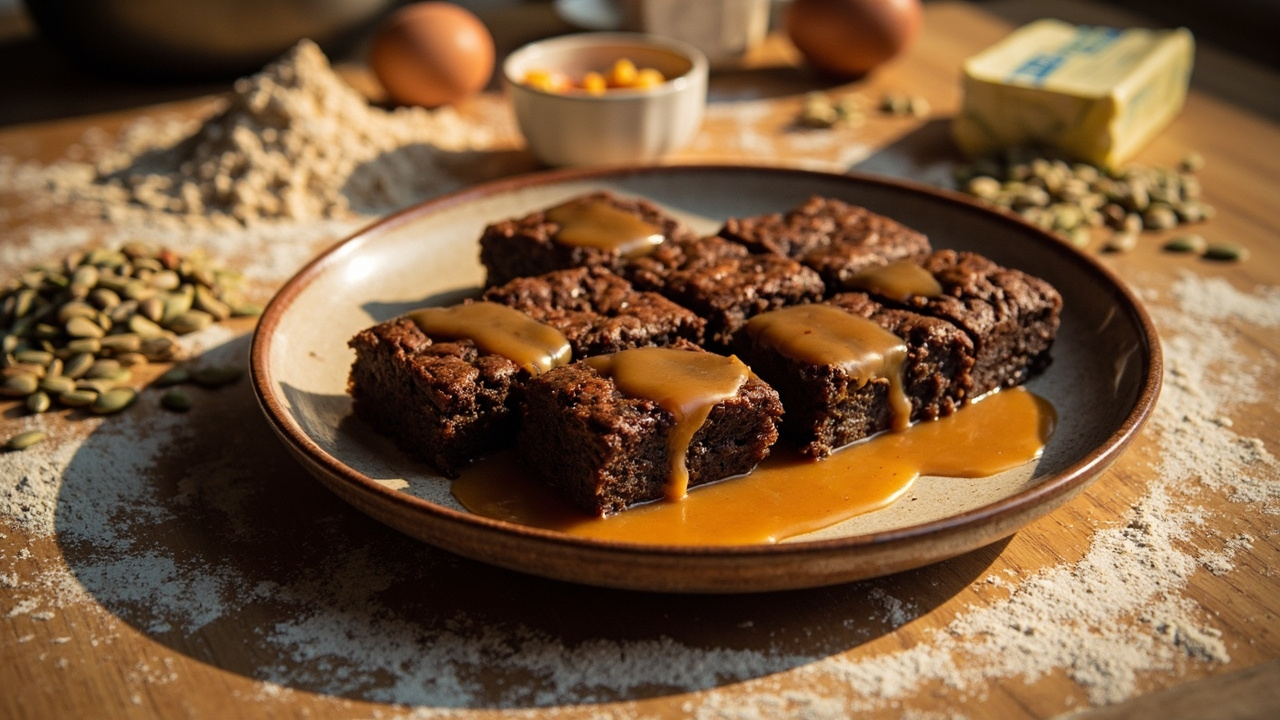Rye & Pumpkin Seed Skillet Brownie with Salted Caramel