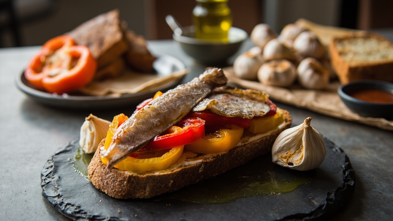 Rye Toast with Anchovy, Sweet Pepper, and Garlic