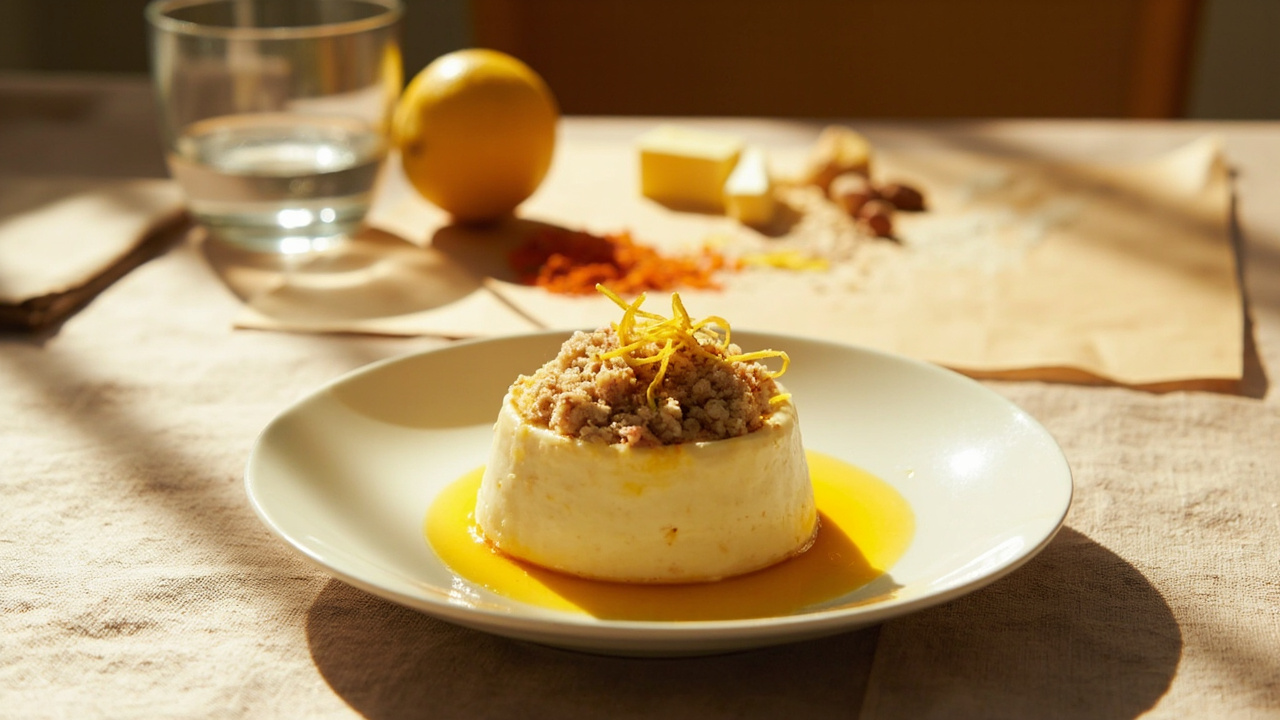 Saffron and Lemon Panna Cotta with Almond Crumble