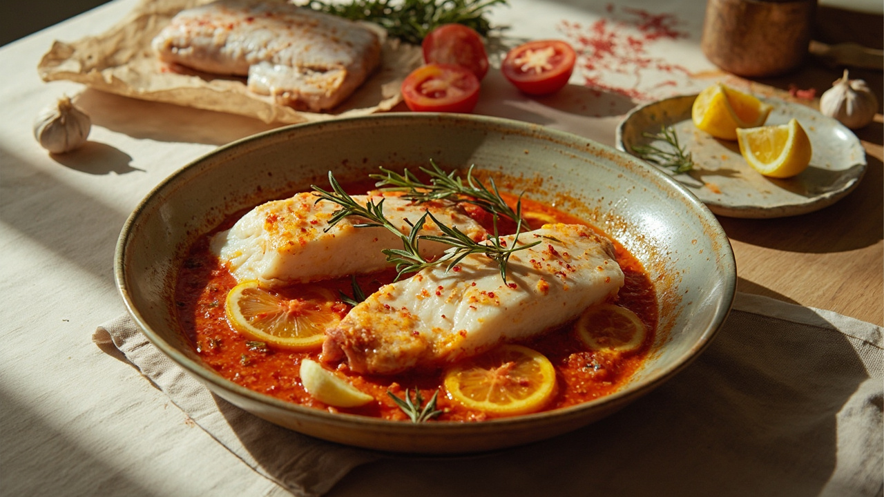 Saffron and Rosemary Roasted Cod with Tomatoes and Garlic