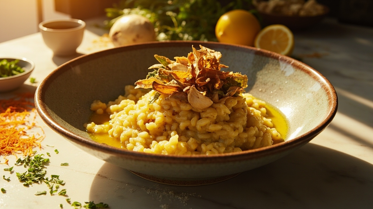 Saffron Butter Risotto with Crispy Artichoke and Herbs