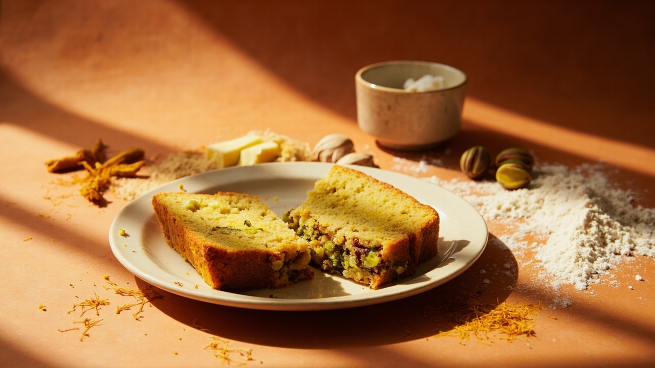 Saffron Honey Pistachio Cake with Buckwheat Flour