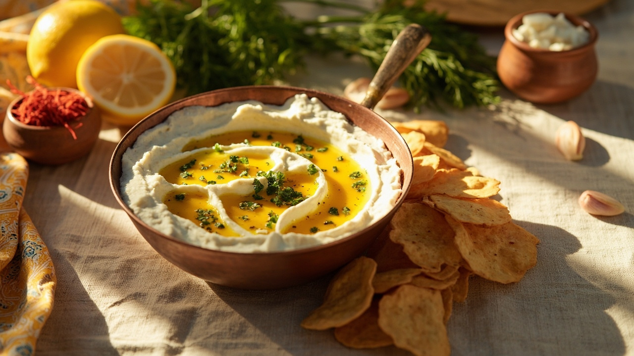 Saffron Lemon Herb Dip with Almond Flour Crisps