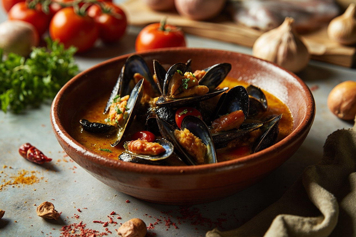 Saffron Mussels in Garlic-Tomato Broth