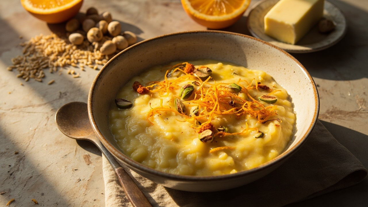 Saffron Rice Pudding with Pistachios and Orange