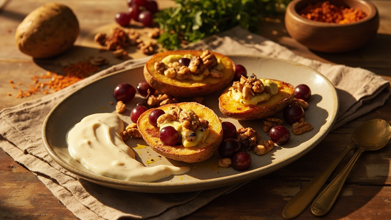 Saffron Roasted Grape and Walnut Stuffed Potato Skins
