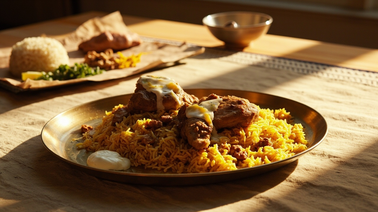 Saffron Walnut Chicken Chelo with Cool Yogurt