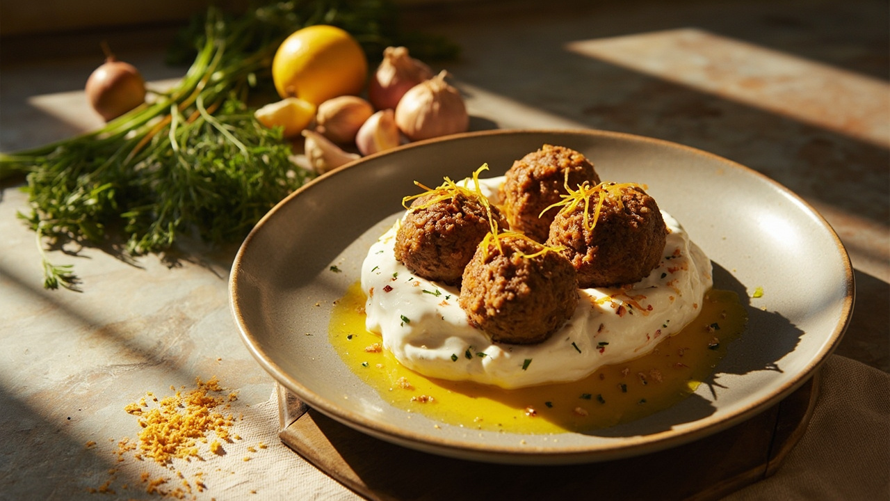 Saffron Walnut Meatballs in Herb Yogurt