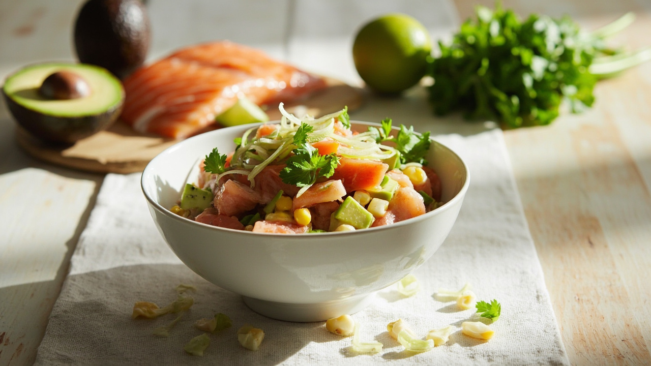 Salmon Ceviche with Lime, Avocado, and Sweet Corn
