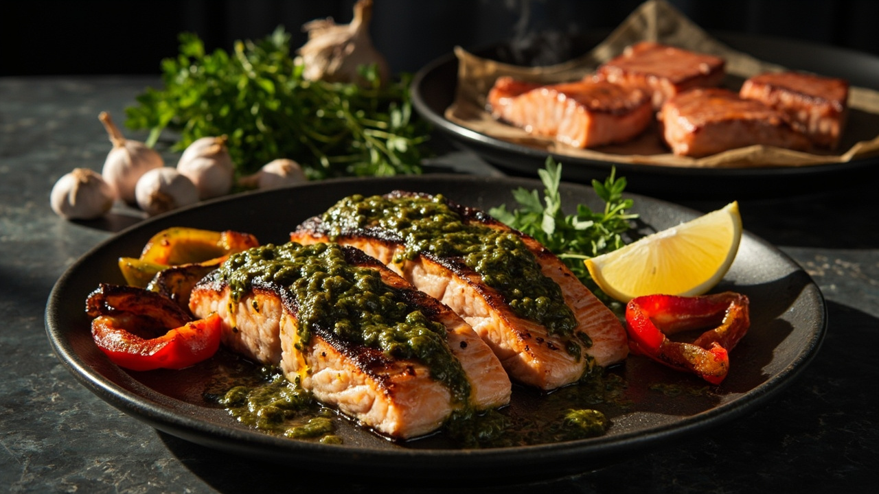 Salmon with Smoky Chimichurri and Charred Peppers