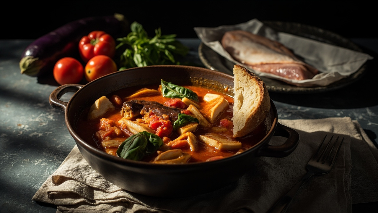 Salt Cod and Eggplant Stew with Tomatoes and Basil