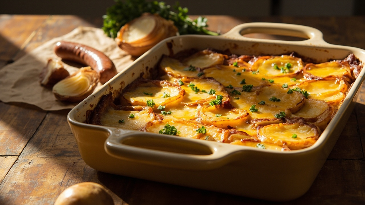 Sausage and Potato Bake with Mustard and Onions