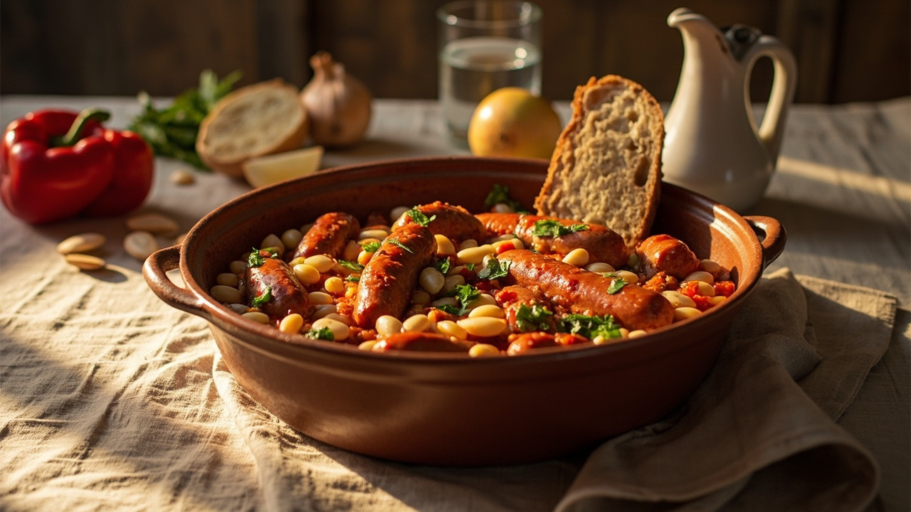 Sausage and White Bean Bake with Romesco