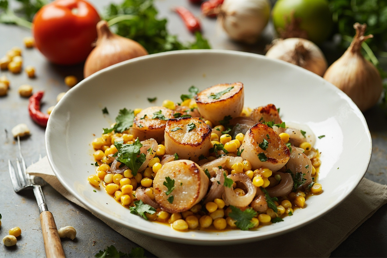 Scallop and Corn Sauté, Garlic and Lime