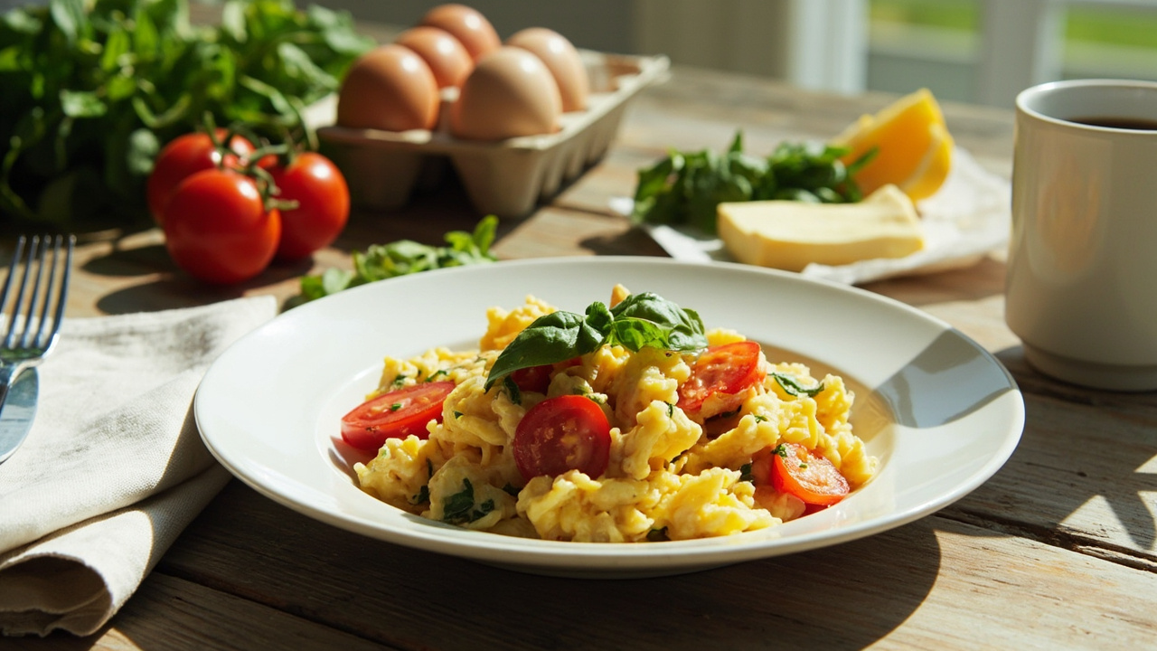 Scrambled Eggs with Tomato and Basil