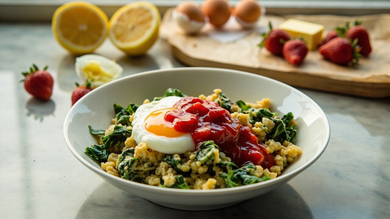Scrambled Spinach and Egg with Strawberry Lemon Compote