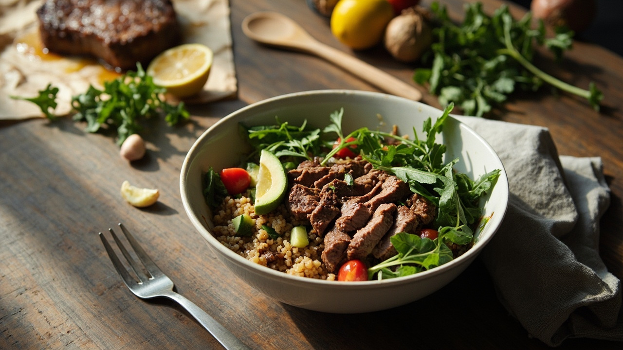 Seared Beef and Quinoa Power Bowl with Arugula