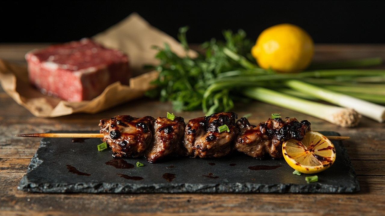 Seared Beef & Scallion Skewer with Charred Lemon