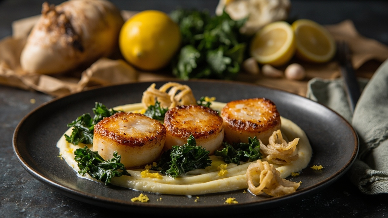 Seared Scallop with Crispy Kale and Turnip