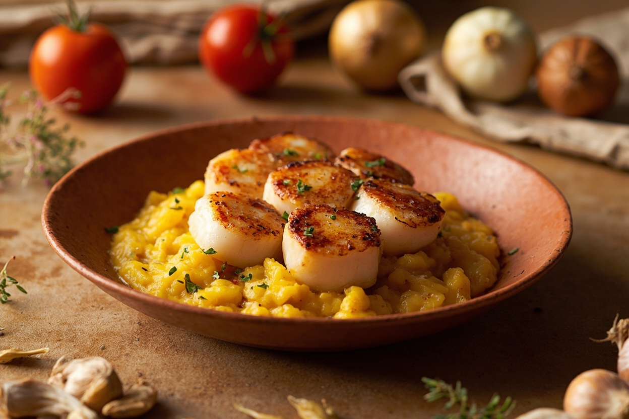 Seared Scallops on Saffron Sofregit