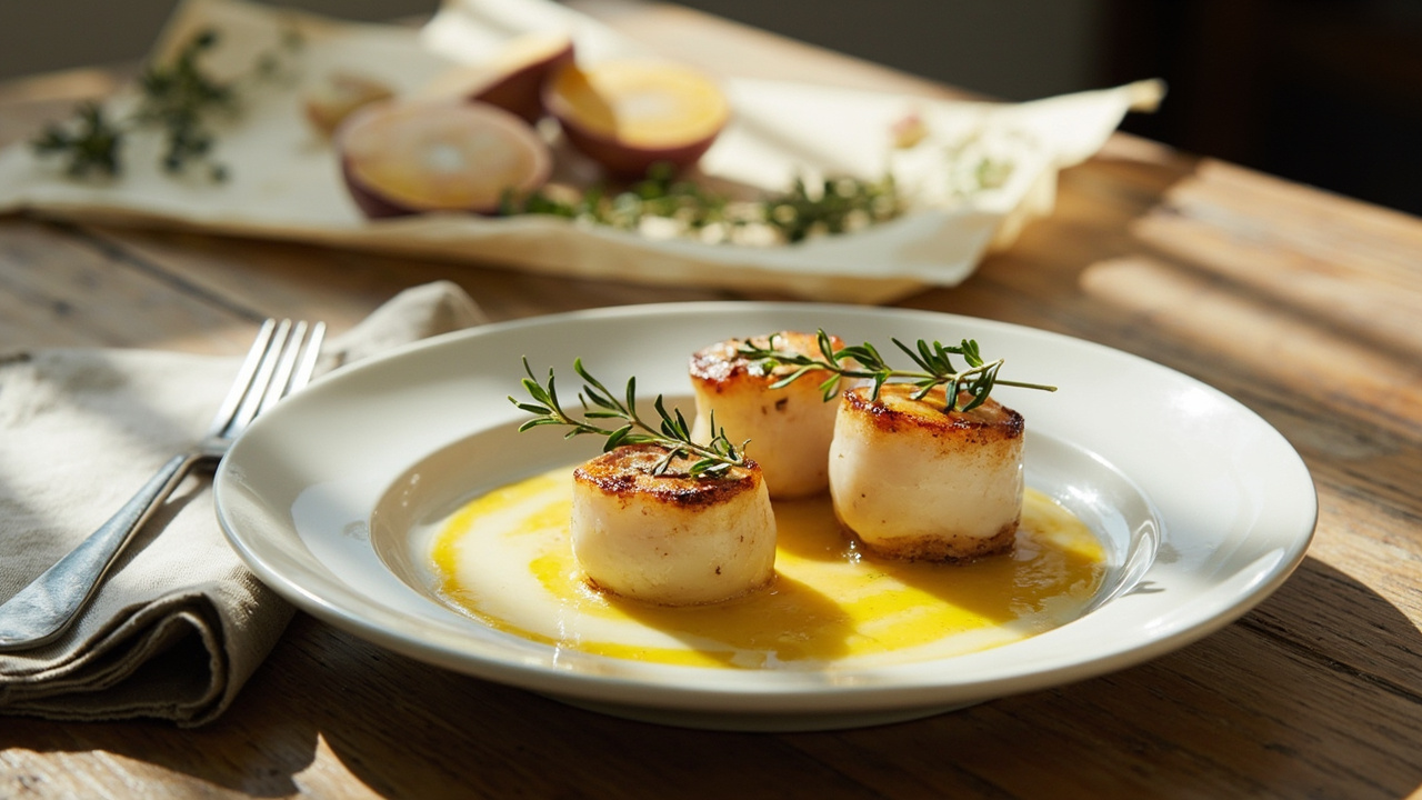 Seared Scallops with Shallot-Thyme Butter and Vermouth