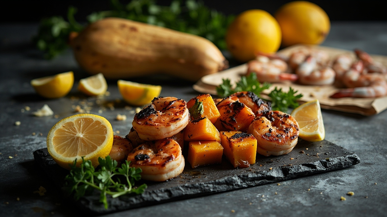 Seared Shrimp & Butternut Squash with Charred Lemon