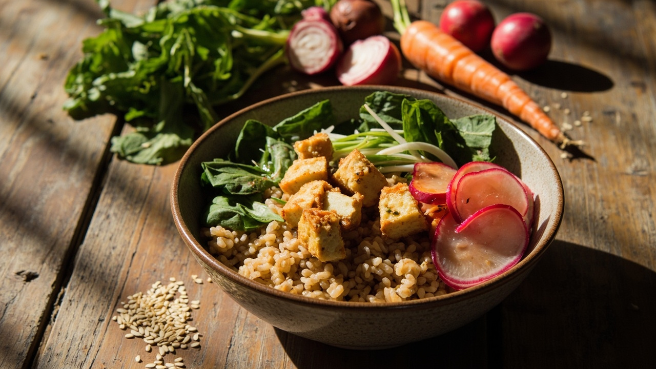 Sesame Brown Rice Bowl with Crispy Tofu and Pickled Radish