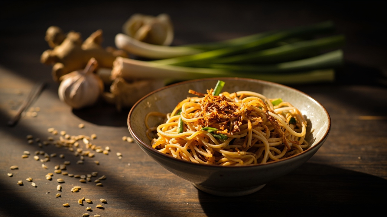 Sesame Ginger Noodles with Crispy Shallots