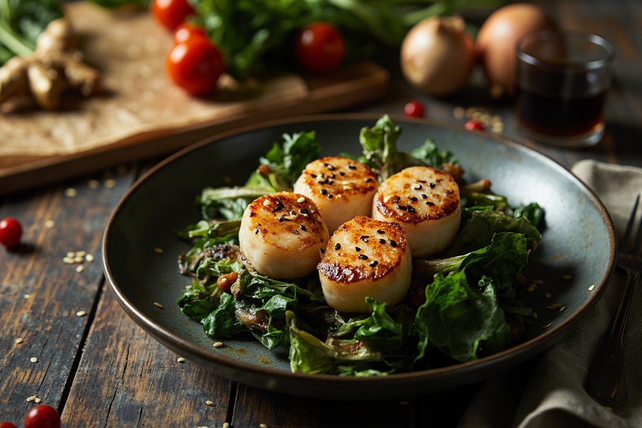 Sesame-Ginger Scallops over Greens